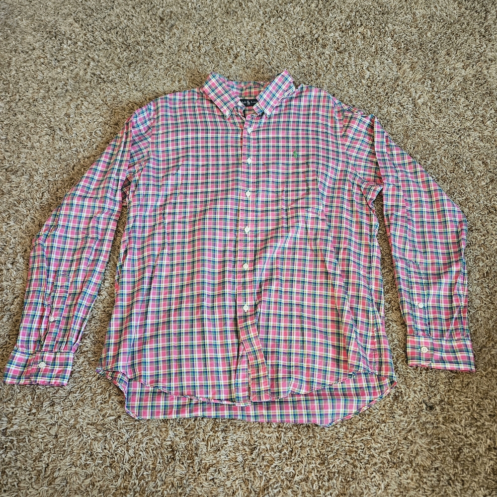 Vintage Ralph Lauren‎ Shirt Mens Size XL Pink Green Plaid Button Down